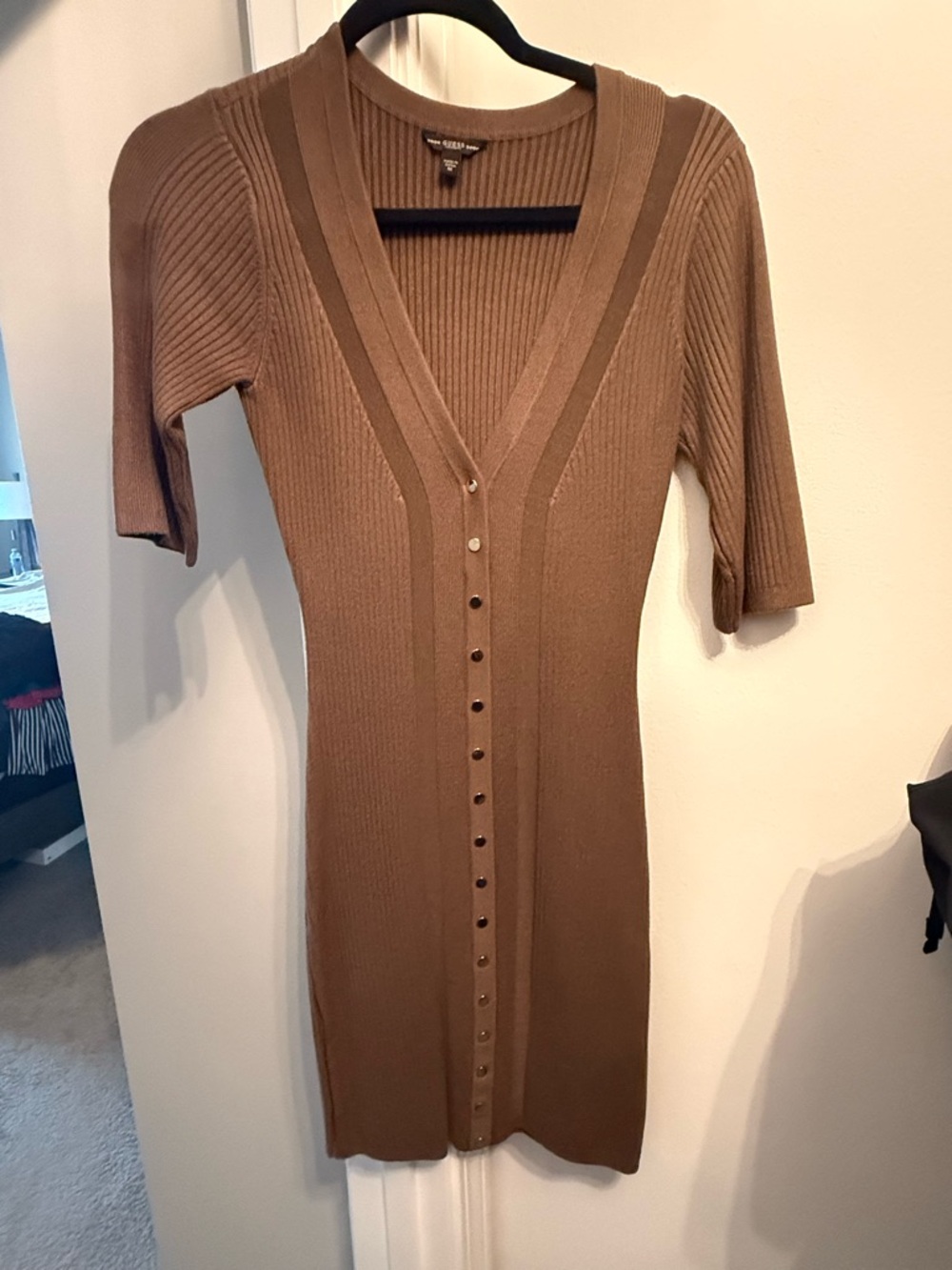 Guess Brown Ribbed Button-Front Midi Dress